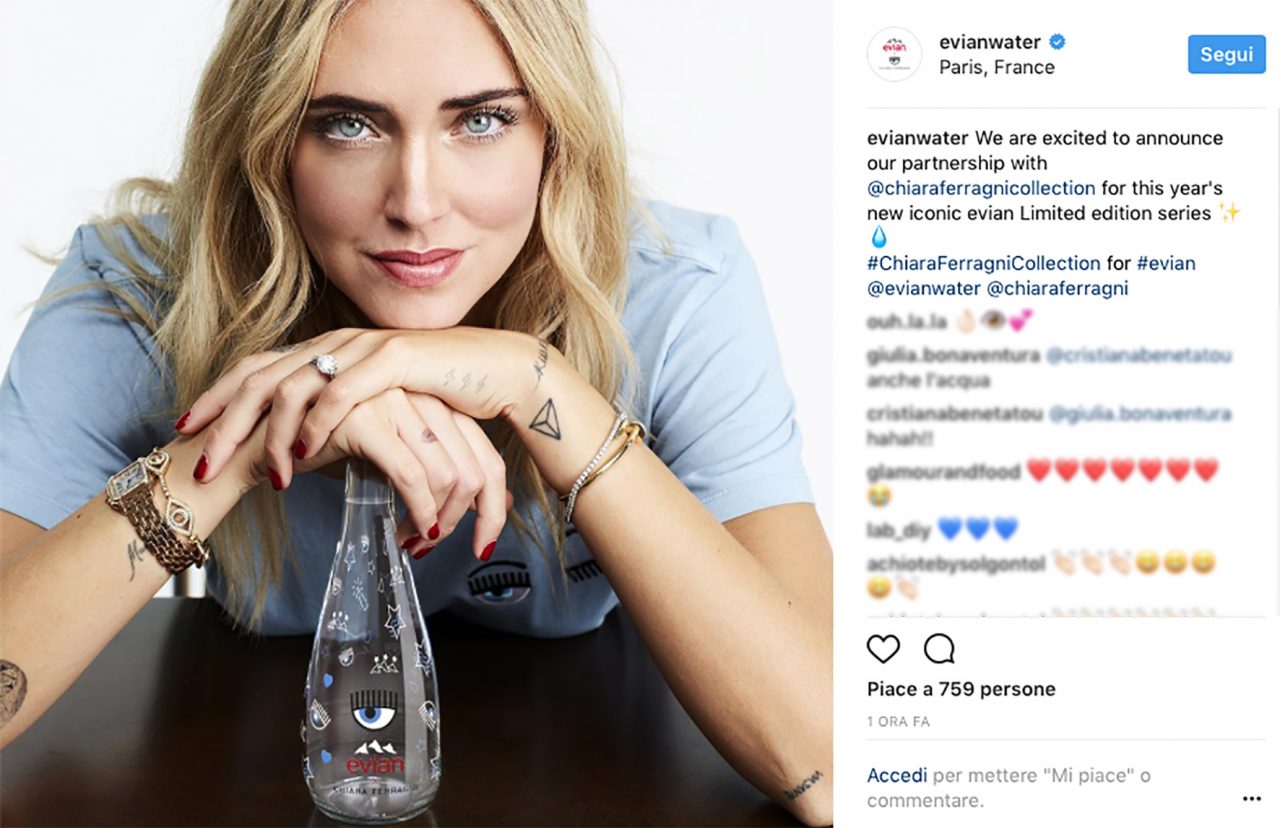 Chiara Ferragni nella bufera (inutile) per le bottigliette di acqua di lusso