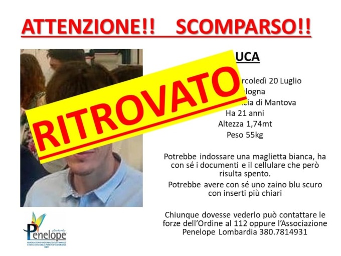 Sollievo: ritrovato Luca, 21enne scomparso da Suzzara