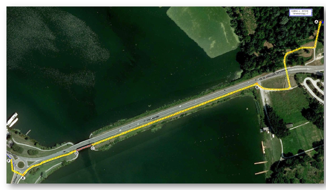 Una foto aerea del ponte di San Giorgio con, in evidenza, l'area del cantiere che prenderà il via il 3 ottobre